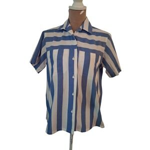 Vintage 80s The Fox Collection Blue White Striped Blouse Preppy Size 8